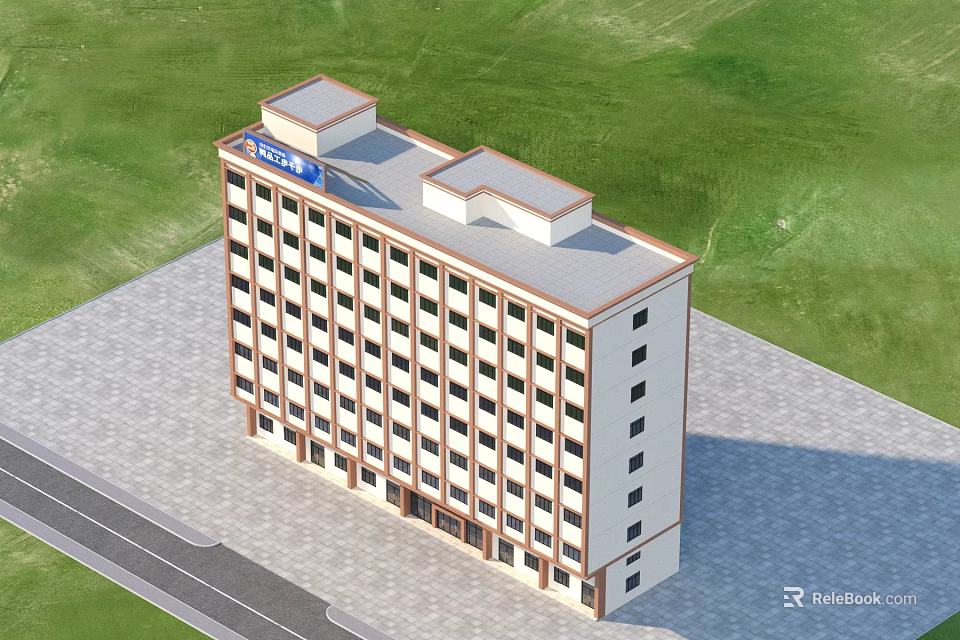 Aerial Planning of Modern Multi Story Building with Green Grass and Paved Road 3d model 