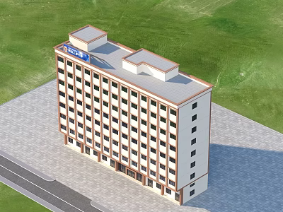 Aerial Planning of Modern Multi Story Building with Green Grass and Paved Road 3d model
