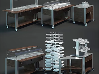 Commercial Equipment Display Cases Shelves And Rolling Carts With Wooden Metal Frames And Transparent Glass 3d model