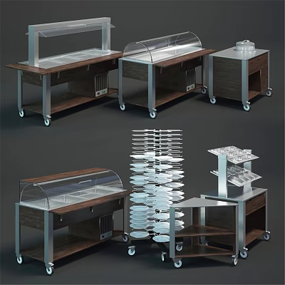 Commercial Equipment Display Cases Shelves And Rolling Carts With Wooden Metal Frames And Transparent Glass 3d model