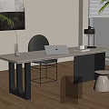 Modern Wooden Desk Interior With Laptop Table Lamp Chair And Side Stools