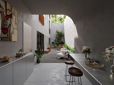Courtyard Garden Landscape With Arched Doorway Lush Greenery Indoor Outdoor Stone Floor White Cabinets 3d model
