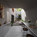 Courtyard Garden Landscape With Arched Doorway Lush Greenery Indoor Outdoor Stone Floor White Cabinets