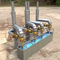 Industrial Factory Facility With Metal Pipes Valves Blue Liquid Container And Stone Floor