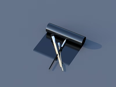 Dining Table With Black Rolled Object Black Sheet And Silver Tweezers On Surface 3d model