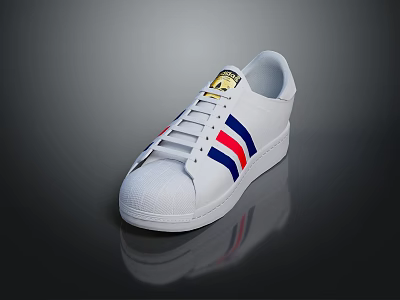 White Classic Sneakers Featuring Shell Toe Design Red Blue Stripes And White Laces 3d model