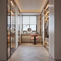 Modern Walk In Closet Interior With Mirrored Cabinets Vanity Stool And Lighting