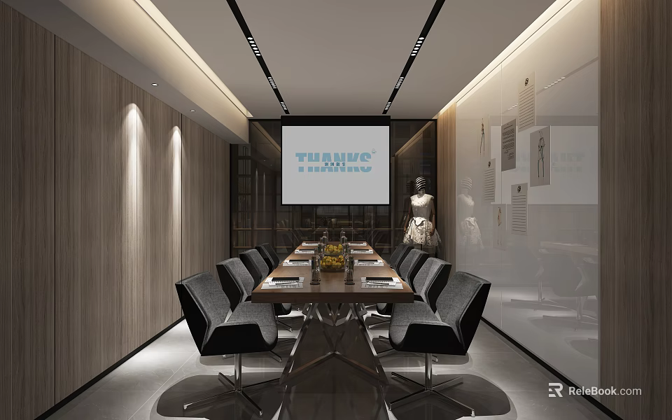 Modern Conference Room Interior With Long Table Black Chairs Projection Screen And Wooden Walls 3d model 