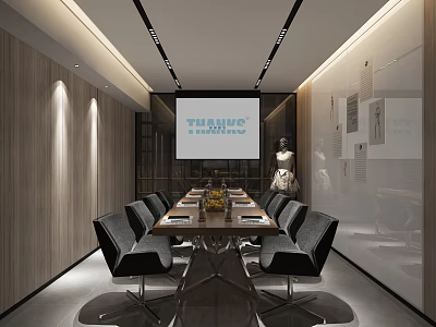Modern Conference Room Interior With Long Table Black Chairs Projection Screen And Wooden Walls 3d model