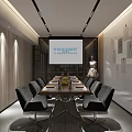 Modern Conference Room Interior With Long Table Black Chairs Projection Screen And Wooden Walls