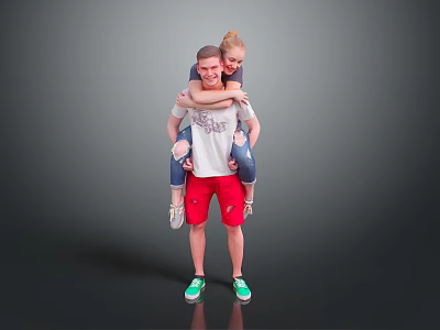 Man Carrying Woman on Back Wearing White T-shirt Red Shorts and Green Shoes 3d model