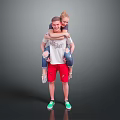 Man Carrying Woman on Back Wearing White T-shirt Red Shorts and Green Shoes