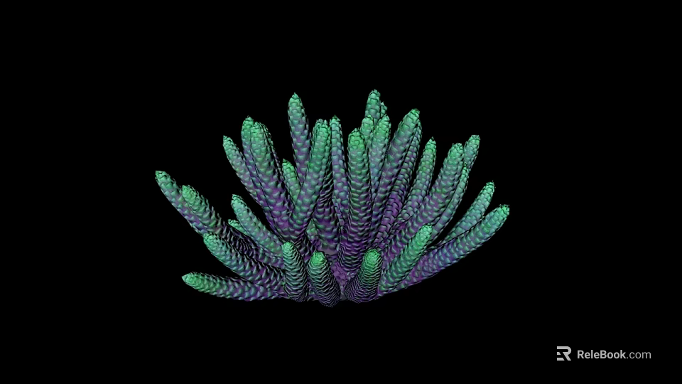 Vibrant Green and Purple Aquatic Coral with Long Slender Branches on Black Background 3d model 