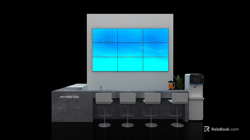Concrete Bar Counter With Four Bar Stools And Large Blue Screen Background 3d model 