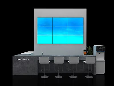 Concrete Bar Counter With Four Bar Stools And Large Blue Screen Background 3d model