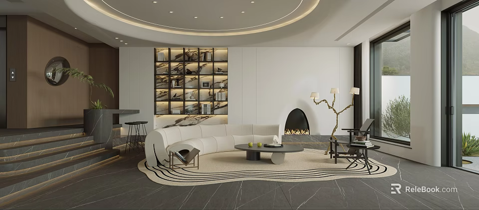 Modern Living Room With Curved Sofa Fireplace And Bookshelf 3d model 
