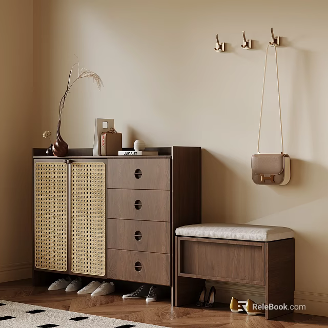 Stylish Wooden Shoe Cabinet With Woven Doors And Matching Bench For Entryway 3d model 