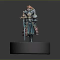 Game Movie Character Armored Figure With Red Headdress Blue Robe Holding Sword Shield Round Base