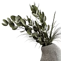 Gray Irregular Shaped Textured Vase With Green Eucalyptus Leaves And Slender Grass 3d model