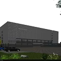 Modern Office Building Featuring Aluminum Striped Facade Glass Windows Parking Lot And Green Lawns