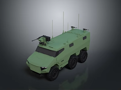 Green Six Wheeled Military Tank Featuring Modern Design Roof Mounted Weapon And Antennas 3d model