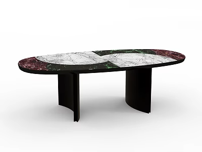 Oval Shaped Dining Table With Multicolored Marble Top And Black Sturdy Base Design 3d model