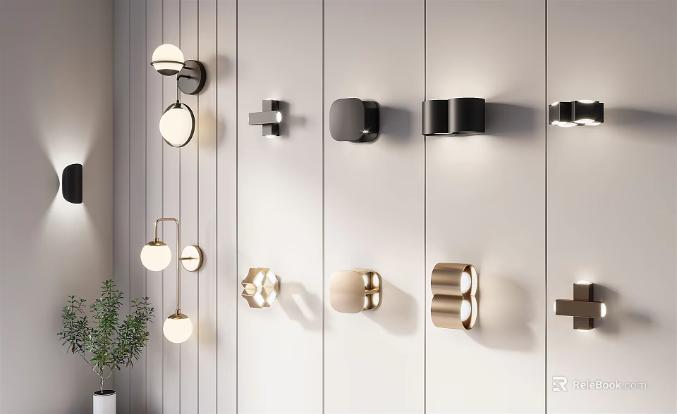 Modern Wall Lamps Showcasing Various Contemporary Designs Mounted On White Panel Wall 3d model