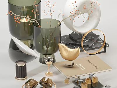 Decorative Ornament Set with Green Vase Gold Bird White Circular Decor Branch and Book 3d model
