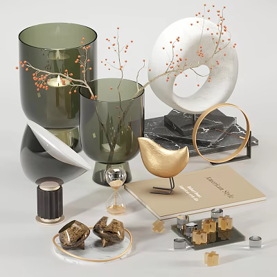 Decorative Ornament Set with Green Vase Gold Bird White Circular Decor Branch and Book 3d model