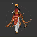 Costumed Figure In Red Gold Attire With Golden Headdress Holding White Bird And Floating Feathers