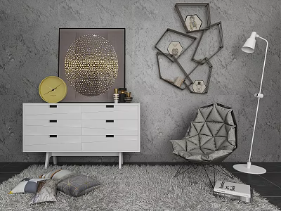 Entryway Cabinet And Sideboard With White Drawers Gray Wall Art Hexagonal Decor Floor Lamp 3d model