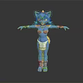 Blue Cat Girl Game Movie Character with Ears Golden Accessories White Outfit and Arms Outstretched