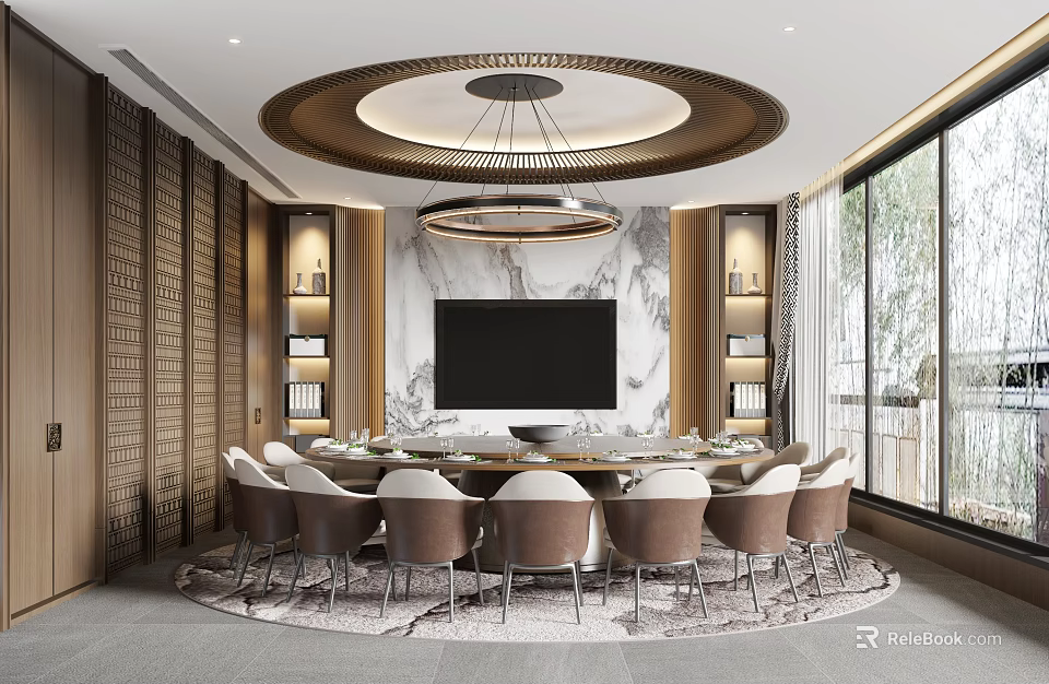Elegant Private Dining Room With Circular Chandelier Round Table And Marble Backdrop 3d model