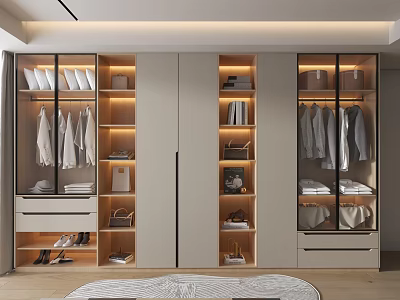 Modern Walk-in Closet Interior Design With Glass Door Cabinets Hanging Clothes And Built-in Lighting 3d model