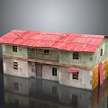Two Story Rustic Building With Red Metal Roof Gray Walls And Windows