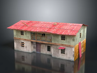 Two Story Rustic Building With Red Metal Roof Gray Walls And Windows 3d model
