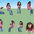 Girl In Pink Top And Blue Jeans Using Tablet Or Book In Various Positions