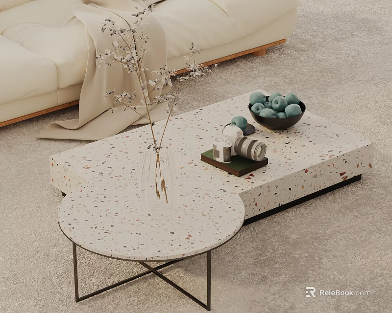 Beige Sofa And Two Terrazzo Coffee Tables With Vase Dried Flowers Green Spheres Decorative Items 3d model 