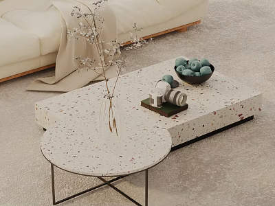 Beige Sofa And Two Terrazzo Coffee Tables With Vase Dried Flowers Green Spheres Decorative Items 3d model