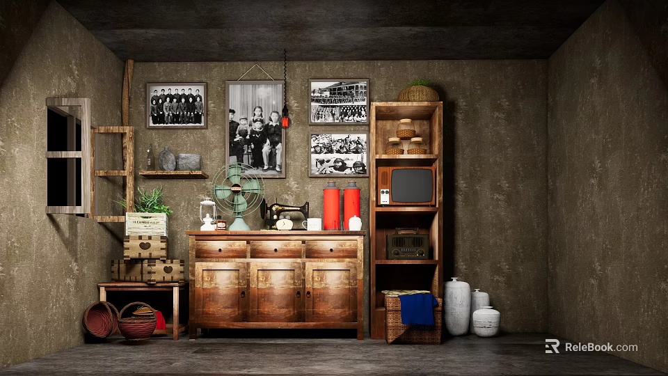 Vintage Style Decorative Ornament Combinations With Wooden Cabinet Bookshelf Framed Photos And Green Plants 3d model 