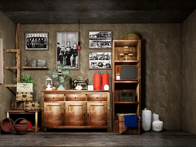 Vintage Style Decorative Ornament Combinations With Wooden Cabinet Bookshelf Framed Photos And Green Plants 3d model