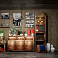 Vintage Style Decorative Ornament Combinations With Wooden Cabinet Bookshelf Framed Photos And Green Plants