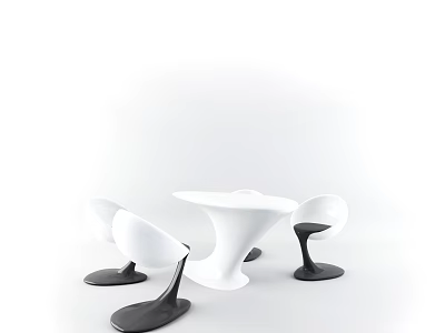Modern Table And Chair Set White Round Table Four White Chairs Black Bases Minimalist Design 3d model