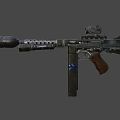 Submachine Gun With Tactical Scope Detachable Magazine Wooden Grip And Metal Body