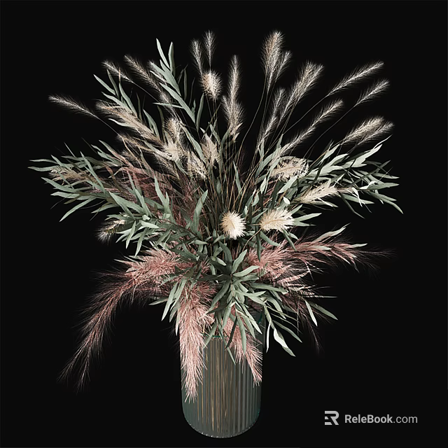 Elegant Vase Flower Arrangement With Green Leaves Pink Grass And White Blooms 3d model 