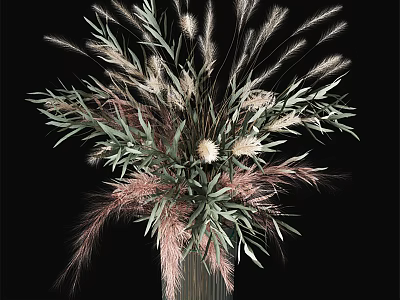 Elegant Vase Flower Arrangement With Green Leaves Pink Grass And White Blooms 3d model
