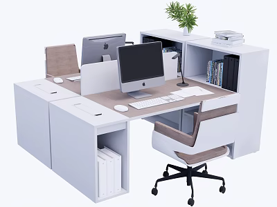 Modern Office Desk With Storage Compartments Computer Monitors Books Keyboard And Green Plant 3d model