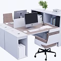 Modern Office Desk With Storage Compartments Computer Monitors Books Keyboard And Green Plant