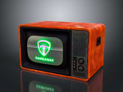 Vintage Retro TV With Wooden Case And Screen Displaying GAMEANAX Logo And Green Shield 3d model