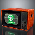 Vintage Retro TV With Wooden Case And Screen Displaying GAMEANAX Logo And Green Shield